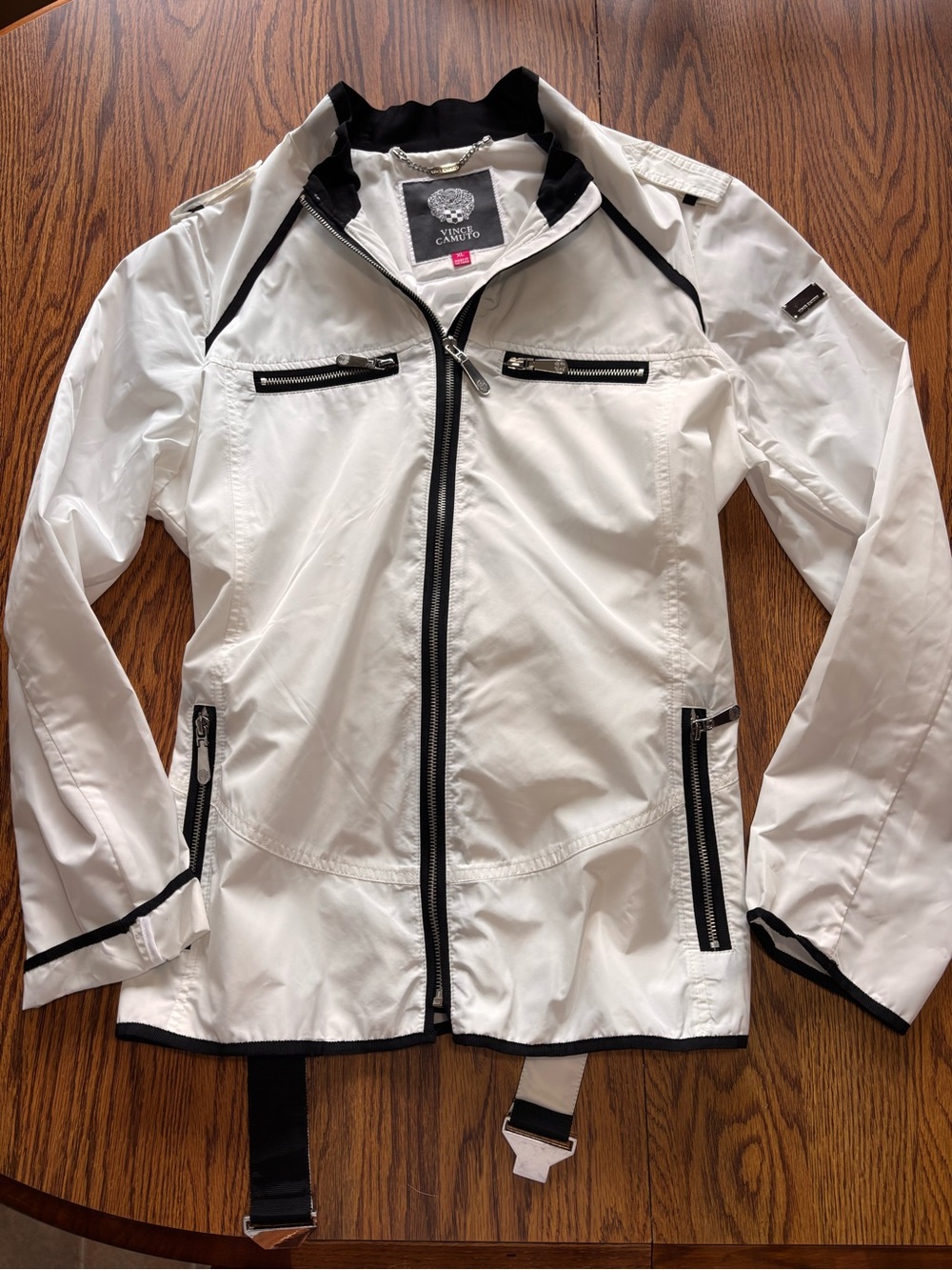 Vince Camuto White Zip-Front Utility Jacket with Black Trim